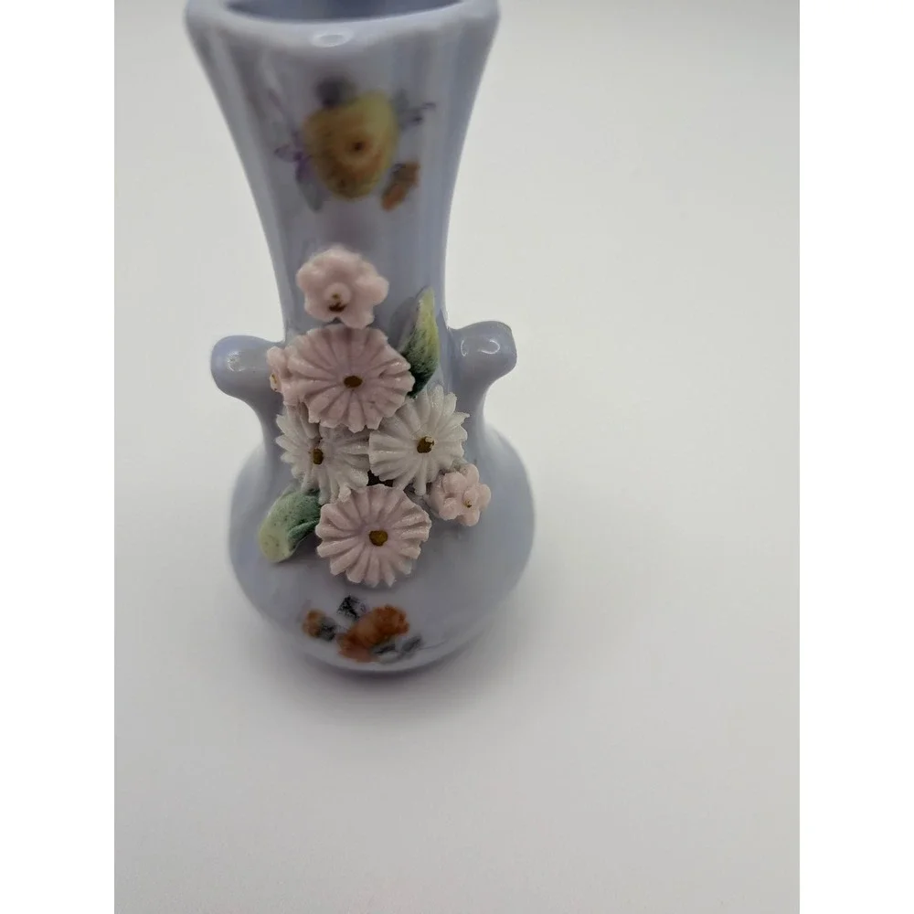 Vintage Germany Miniature‎ Porcelain Bud Vases Set Applied 3D Flowers White Blue